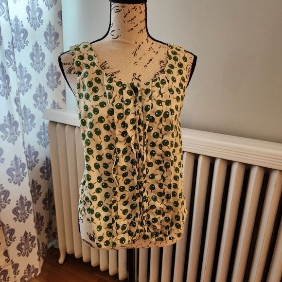 Anthropologie Postmark Green Ping Pong/Olives Summer Cotton Blouse Ruffles, Sz 4 - Picture 2 of 7